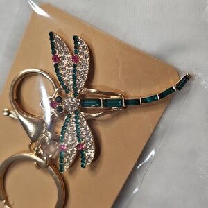 Teal Green Pink Rhinestone Dragonfly Keychain Bag Charm Crystals Gold Tone NWOT